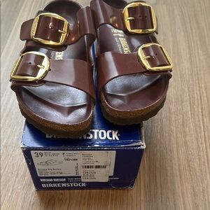 Birkenstock Brown Sandals with Gold Buckles